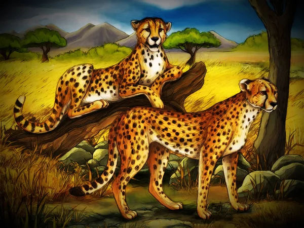 Escena de dibujos animados con guepardo descansando en el árbol con ilustración familiar —  Fotos de Stock