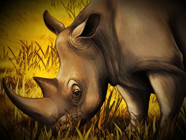 Desenho animado safari cena com rinoceronte família rinoceronte no prado — Fotografia de Stock
