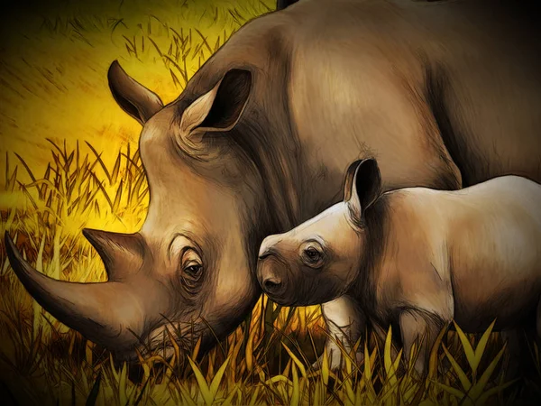 Scène de safari dessin animé avec rhinocéros famille sur la prairie — Photo