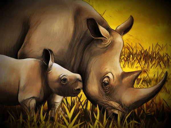 Rajzfilm szafari jelenet orrszarvú rinocérosz család a réten — Stock Fotó