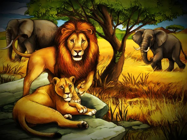 Scena safari kreskówki z lwami na łące - ilustracja — Zdjęcie stockowe
