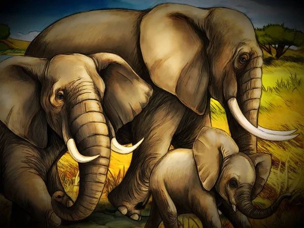 Kreslená scéna se sloní rodinou safari ilustrace pro dítě — Stock fotografie