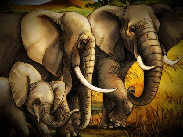 Scène de dessin animé avec éléphant famille safari illustration pour enfant — Photo