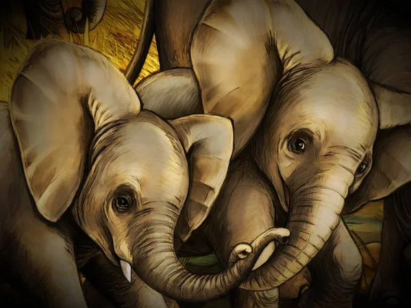 Çocuk için fil ailesinin safari resimli karikatür sahnesi — Stok fotoğraf