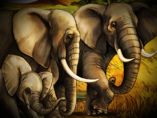 Scène de dessin animé avec éléphant famille safari illustration pour enfant — Photo