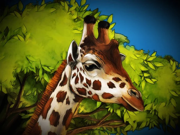 Kreskówkowa scena safari z rodziną żyraf jedzącą na łące - — Zdjęcie stockowe