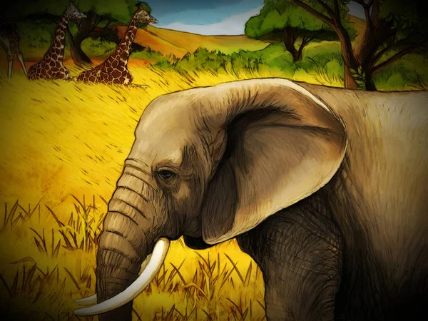 어린이를 위한 코끼리 가족 사파리의 삽화가 실린 만화 장면 — 스톡 사진