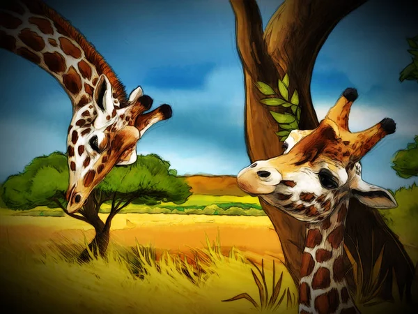 Dessin animé safari scène avec girafes famille manger sur la prairie  - — Photo