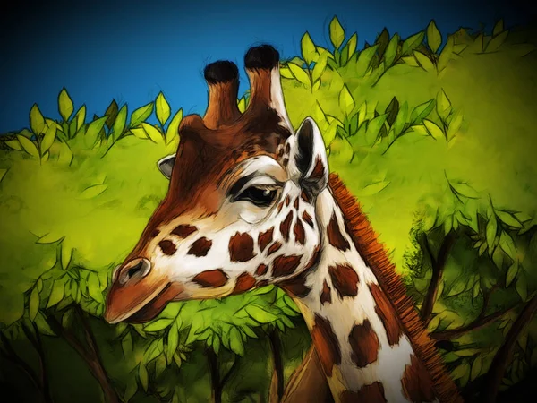 Zürafa ailesinin çayırda yemek yediği çizgi film safari sahnesi. - — Stok fotoğraf