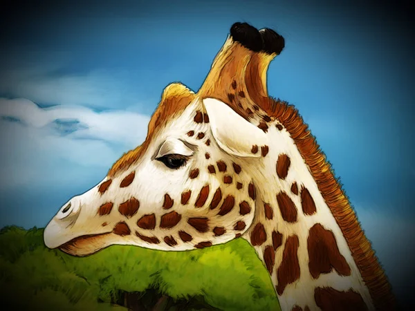 Safari de dibujos animados escena con jirafas familia comiendo en el prado  - —  Fotos de Stock