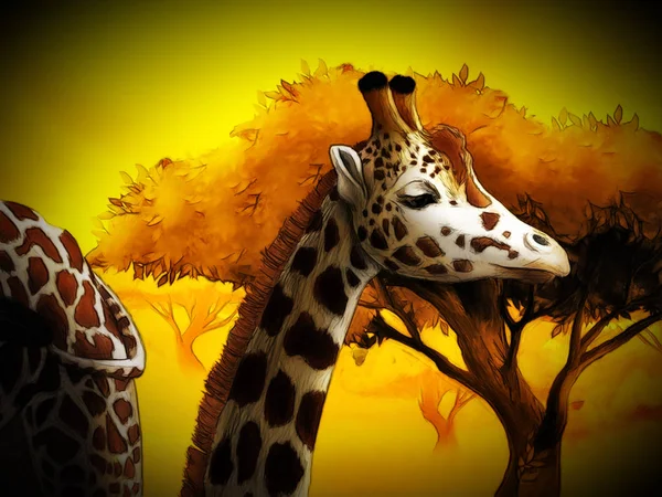 cartoon safari scene with giraffes family eating on the meadow -