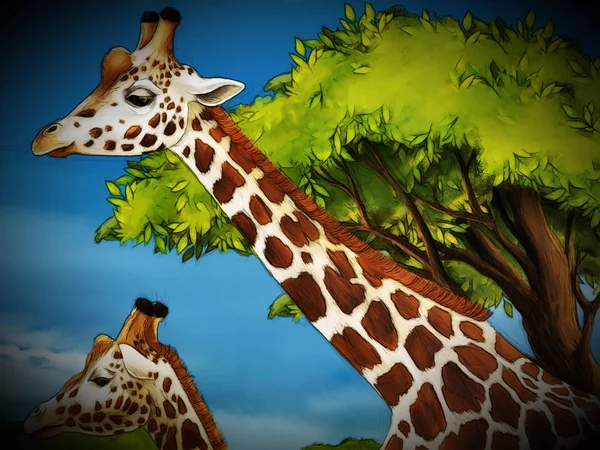 cartoon safari scene with giraffes family eating on the meadow -