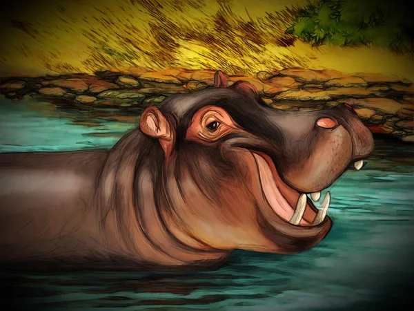 cartoon scene with hippopotamus in the water safari illustration