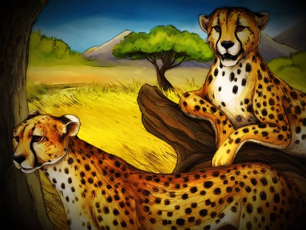 Scena dei cartoni animati con ghepardo appoggiato su albero con illustrazione di famiglia — Foto Stock