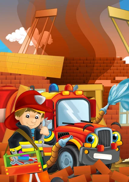 Scena kreskówek ze strażakiem w pobliżu budynku i odważny strażak pomaga kolorowe ilustracji dla dzieci — Zdjęcie stockowe