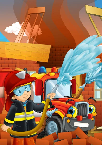 Kreslené jeviště s hasičem v blízkosti budovy a statečný hasičský vůz pomáhá barevné ilustrace pro děti — Stock fotografie