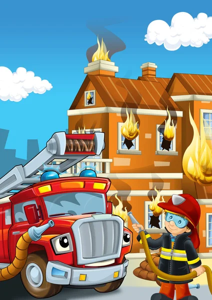 Cartoon stage with fireman near building and brave firetruck is helping colorful illustration for children — Stock Photo, Image