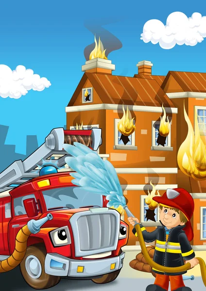 Cartoon stage with fireman near building and brave firetruck is helping colorful illustration for children — Stock Photo, Image