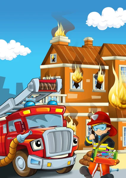 Estágio dos desenhos animados com bombeiro perto do edifício e firetruck corajoso está ajudando ilustração colorida para crianças — Fotografia de Stock