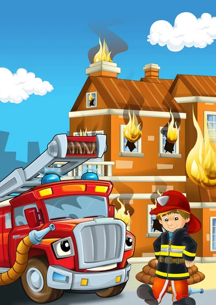 Etapa de dibujos animados con bombero cerca de la construcción y valiente camión de bomberos está ayudando ilustración colorida para los niños —  Fotos de Stock