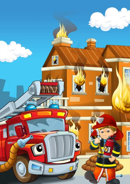 Fase del fumetto con pompiere vicino alla costruzione e coraggioso camion dei pompieri sta aiutando illustrazione colorata per i bambini — Foto Stock