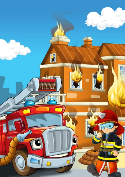 Scena kreskówek ze strażakiem w pobliżu budynku i odważny strażak pomaga kolorowe ilustracji dla dzieci — Zdjęcie stockowe