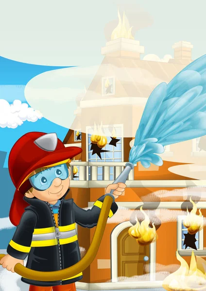 Palco dei cartoni animati con pompiere antincendio vicino a qualche edificio fumare - illustrazione per i bambini — Foto Stock