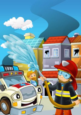 İtfaiyeci ateşinin bir binanın yakınında kavga ettiği çizgi film sahnesi. Çocuklar için sigara içmek.