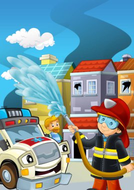 İtfaiyeci ateşinin bir binanın yakınında kavga ettiği çizgi film sahnesi. Çocuklar için sigara içmek.