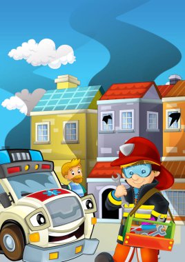 İtfaiyeci ateşinin bir binanın yakınında kavga ettiği çizgi film sahnesi. Çocuklar için sigara içmek.