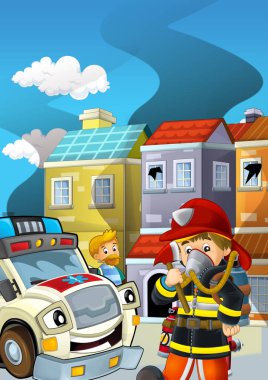 İtfaiyeci ateşinin bir binanın yakınında kavga ettiği çizgi film sahnesi. Çocuklar için sigara içmek.