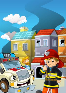 İtfaiyeci ateşinin bir binanın yakınında kavga ettiği çizgi film sahnesi. Çocuklar için sigara içmek.