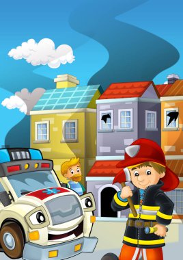 İtfaiyeci ateşinin bir binanın yakınında kavga ettiği çizgi film sahnesi. Çocuklar için sigara içmek.