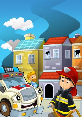 İtfaiyeci ateşinin bir binanın yakınında kavga ettiği çizgi film sahnesi. Çocuklar için sigara içmek.