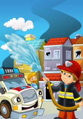 İtfaiyeci ateşinin bir binanın yakınında kavga ettiği çizgi film sahnesi. Çocuklar için sigara içmek.