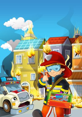 Bir ambulansın ve binanın yanında çalışan itfaiyecinin olduğu çizgi film sahnesi çocuklar için yanan bir illüstrasyon.