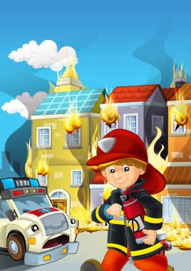 Bir ambulansın ve binanın yanında çalışan itfaiyecinin olduğu çizgi film sahnesi çocuklar için yanan bir illüstrasyon.