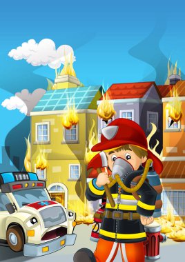 Bir ambulansın ve binanın yanında çalışan itfaiyecinin olduğu çizgi film sahnesi çocuklar için yanan bir illüstrasyon.
