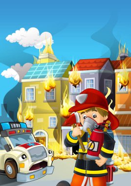 Bir ambulansın ve binanın yanında çalışan itfaiyecinin olduğu çizgi film sahnesi çocuklar için yanan bir illüstrasyon.
