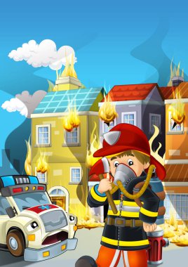 Bir ambulansın ve binanın yanında çalışan itfaiyecinin olduğu çizgi film sahnesi çocuklar için yanan bir illüstrasyon.