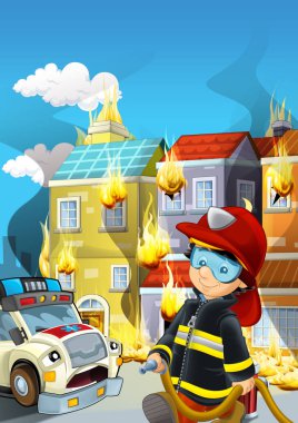Bir ambulansın ve binanın yanında çalışan itfaiyecinin olduğu çizgi film sahnesi çocuklar için yanan bir illüstrasyon.