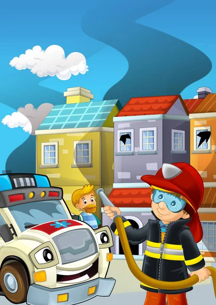 Cartoon stage with fireman fire fighting near some building smoking - illustration for children — Stock Photo, Image