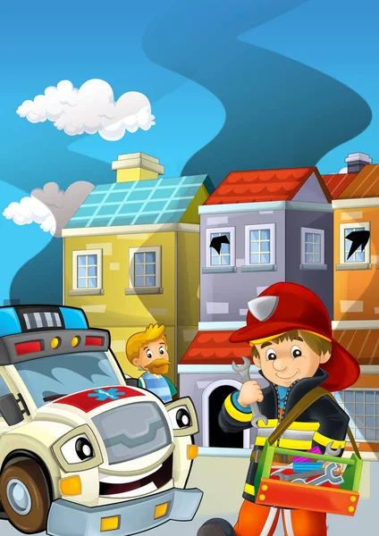 Στάδιο κινουμένων σχεδίων με πυροσβέστη φωτιά καταπολέμηση κοντά σε κάποιο κτίριο κάπνισμα - εικονογράφηση για τα παιδιά — Φωτογραφία Αρχείου