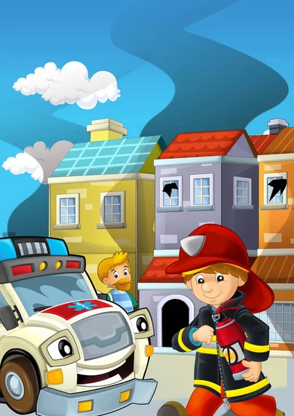 Cartoon-Bühne mit Feuerwehreinsatz in der Nähe eines rauchenden Gebäudes - Illustration für Kinder — Stockfoto