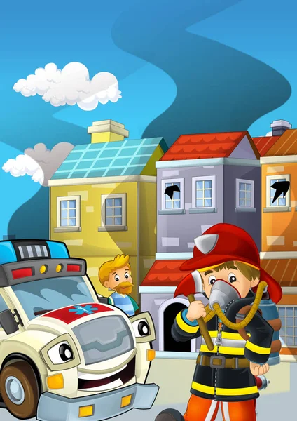 Cartoon stage with fireman fire fighting near some building smoking - illustration for children — Stock Photo, Image