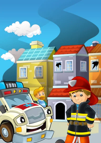 Cartoon stage with fireman fire fighting near some building smoking - illustration for children — Stock Photo, Image