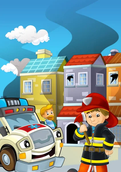 Escenario de dibujos animados con bomberos lucha contra incendios cerca de algún edificio de fumar - ilustración para los niños — Foto de Stock