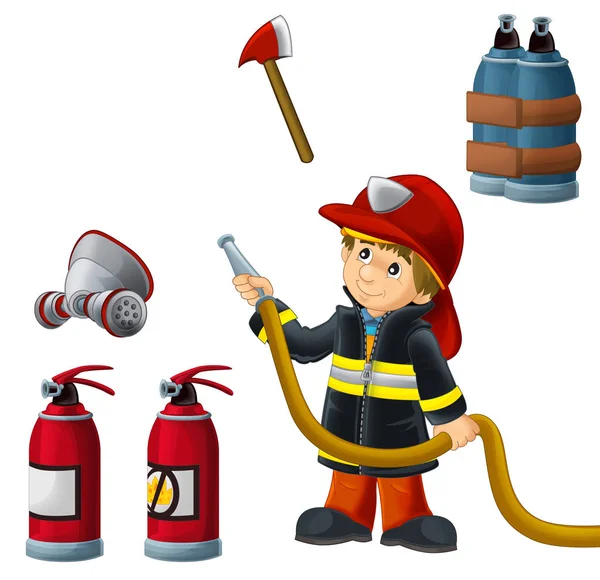 Dibujos animados bombero feliz y divertido trabajando sobre fondo blanco con herramientas - ilustración para los niños —  Fotos de Stock