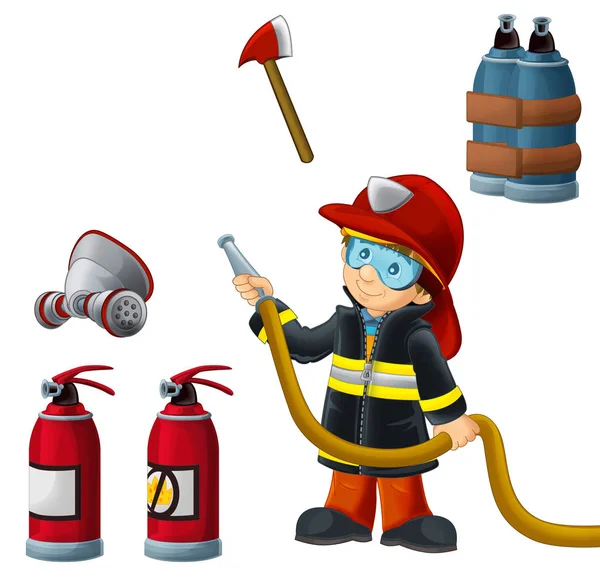 Desenhos animados bombeiro feliz e engraçado trabalhando em fundo branco com ferramentas - ilustração para crianças — Fotografia de Stock