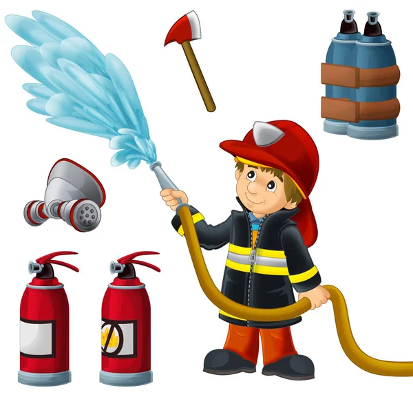 Cartoon happy and funny fireman working on white background with tools - illustration for children — Stock Photo, Image